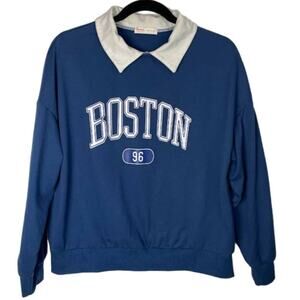 Boston Sweatshirt Womens Collared Preppy University Pullover Blue White Top Sz 4